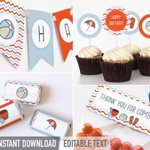 May include: Printable beach-themed party decorations with blue and orange chevron patterns. Includes cupcake toppers, favor tags, and a banner with the letters "H" and "A". The text "Happy Birthday" and "Thank You For Coming" are included on the decorations.