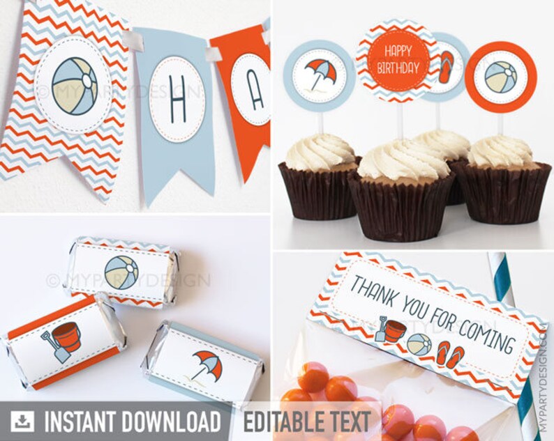 May include: Printable beach-themed party decorations with blue and orange chevron patterns. Includes cupcake toppers, favor tags, and a banner with the letters "H" and "A". The text "Happy Birthday" and "Thank You For Coming" are included on the decorations.
