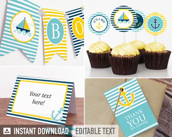 Nautical Baby Shower Party Pack- Yellow Blue Turquoise - INSTANT DOWNLOAD - Printable PDF with Editable Text Il_570xn