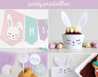 Hasen-Partydekorationen, Hasen-Geburtstag, Ostern-Kaninchen-Party-Pack, kleines Hasen-Dekor-Kit - SOFORTIGER DOWNLOAD - Druckbare bearbeitbare PDF