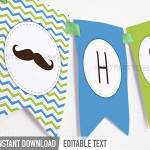 May include: A blue and green chevron patterned banner with white circles containing the letters "H", "A", and a black moustache. The text "INSTANT DOWNLOAD" and "EDITABLE TEXT" is at the bottom of the image.