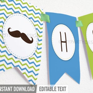 Little Man Birthday Banner, Happy Birthday Bunting, Mustache Party Decorations, Boy INSTANT DOWNLOAD Printable PDF with Editable Text image 1