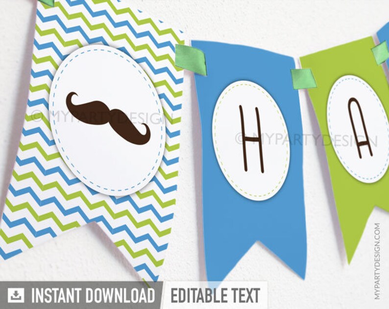 Little Man Birthday Banner, Happy Birthday Bunting, Mustache Party Decorations, Boy INSTANT DOWNLOAD Printable PDF with Editable Text image 1