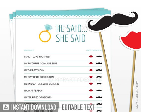 Bridal Shower Game, He Said She Said, Guess Who Said it, Bride or Groom, Turquoise, Bachelorette - INSTANT DOWNLOAD - Printable Editable PDF Il_570xn