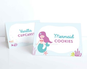 Etichette alimentari a sirena, stampabili per feste per ragazze, segnaposto, decorazioni di compleanno a sirena - DOWNLOAD immediato - PDF modificabile stampabile