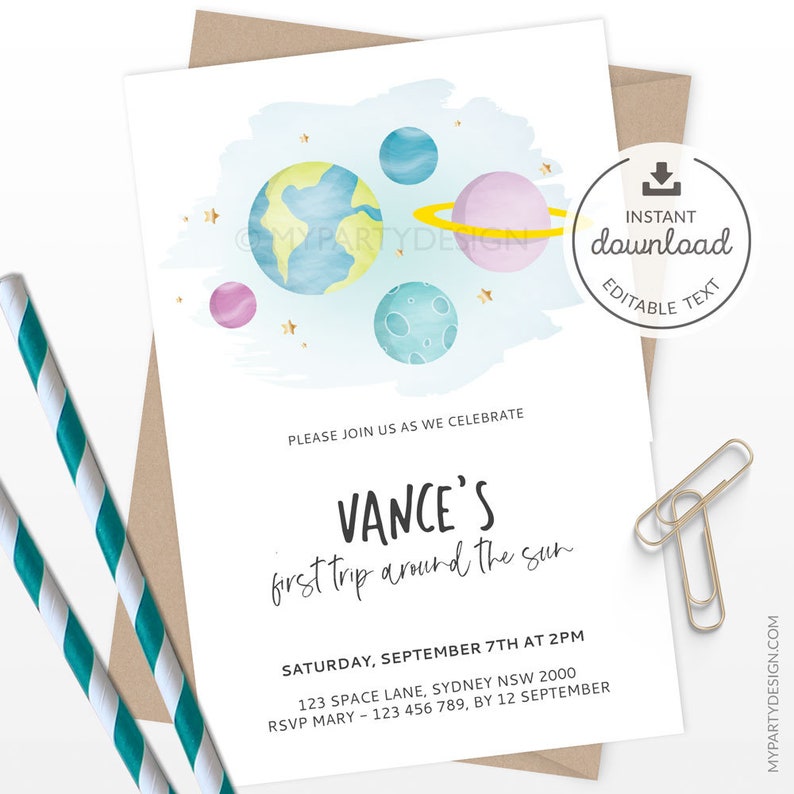First Trip around the Sun Birthday Invitation Galaxy Outer Space First Bday Invite Boy or Girl INSTANT DOWNLOAD Printable