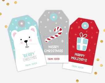 May include: Three Christmas gift tags with festive designs. One tag features a polar bear, another a candy cane, and the last a gift box. Each tag has a different holiday greeting and the text "From: Sofia".