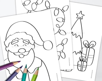 May include: Three Christmas-themed coloring pages with black outlines, featuring Santa Claus, Christmas lights, and a Christmas tree with gifts. Colored pencils in purple, teal, and green are in the foreground. The website address "MYPARTYDESIGN.com" is printed on the pages.