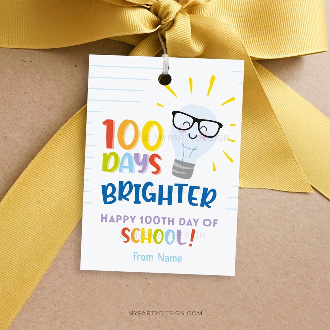 100 Days Brighter Tag, 100 Days of School Labels, 100th Day