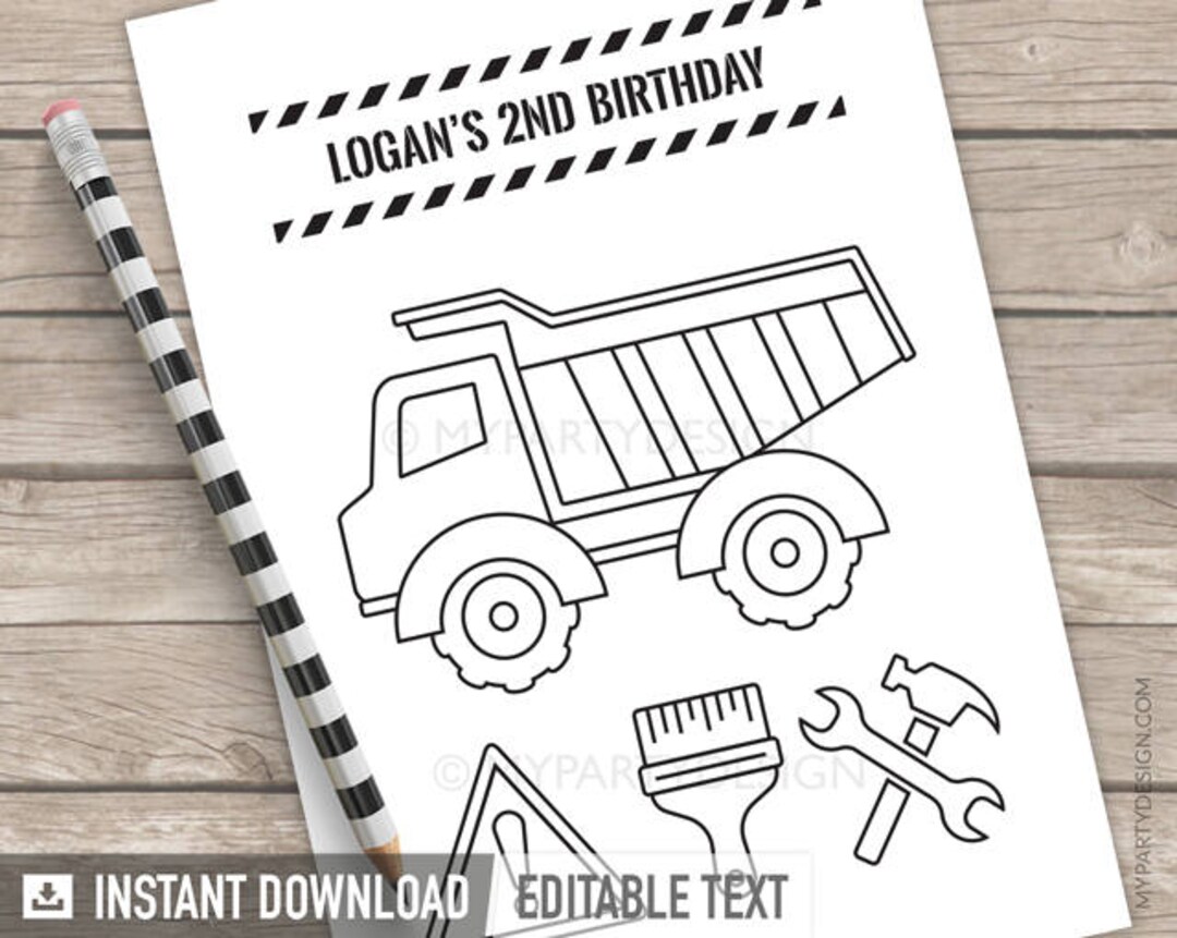 Construction Party Coloring Page, Dump Truck Activity for Boys Birthday ...