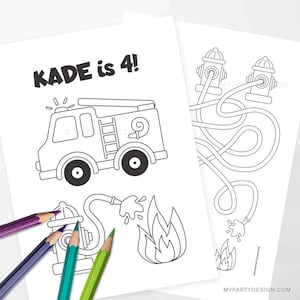 Fire Truck Coloring Page, Fireman Party Activity, Fire Truck Birthday Party Game - INSTANT DOWNLOAD - Printable PDF with Editable Text