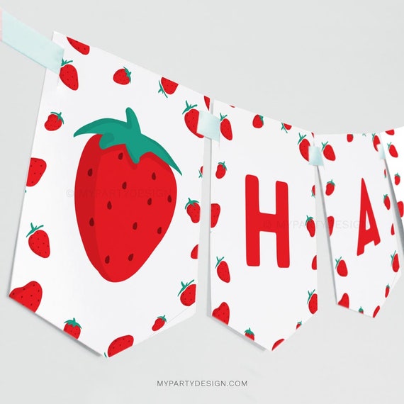 Strawberry Birthday Banner, Berry First Birthday Party Bunting, Summer Fruit Decorations - INSTANT DOWNLOAD - Printable Editable PDF Il_570xn