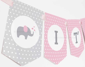 Elephant Baby Shower Banner, Elephant BabyShower Bunting Decorations in Pink for Girl - INSTANT DOWNLOAD - Printable PDF with Editable Text
