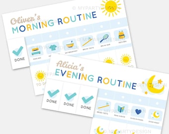 Blauwe routine-flipover voor kinderen, dagelijks ochtend-, middag- en avondschema, takenlijst voor peuters - INSTANT DOWNLOAD - afdrukbare bewerkbare pdf