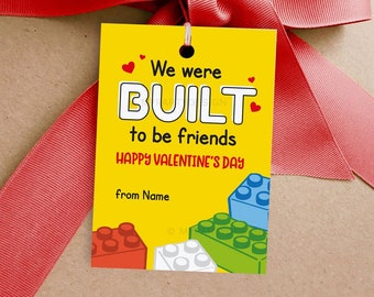 Building Blocks Valentine's Day Tag, Kids Valentine Cards for Class, Built to be Friends Label - INSTANT DOWNLOAD - Printable Editable PDF