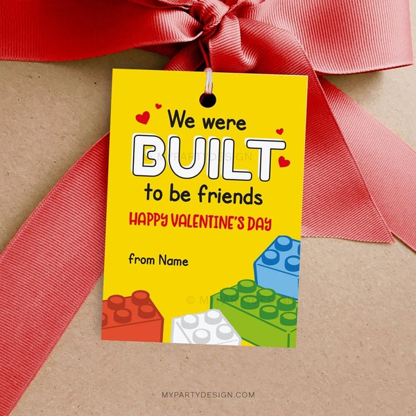 Building Blocks Valentine's Day Tag, Kids Valentine Cards for Class, Built to be Friends Label - INSTANT DOWNLOAD - Printable Editable PDF