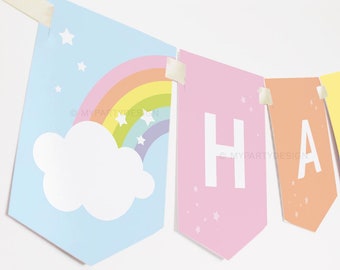 Rainbow Birthday Banner, Pastel Rainbow Party Bunting, Rainbow Decorations - INSTANT DOWNLOAD - Printable PDF with Editable Text