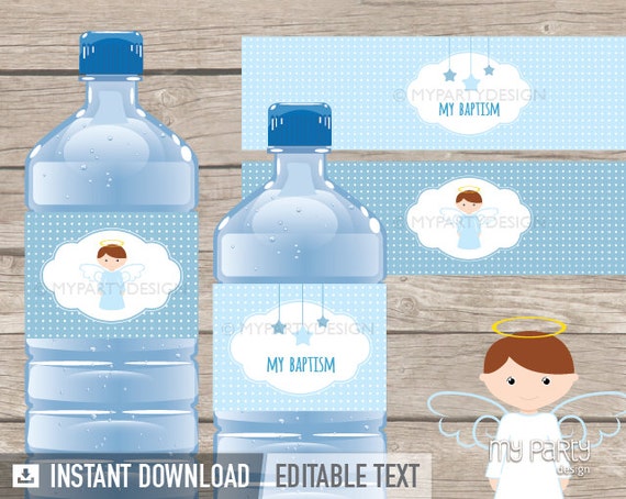 Baptism Bottle Labels - Blue Angel Baptism Party - Christening Party - First Communion - INSTANT DOWNLOAD - Printable PDF with Editable Text Il_570xn