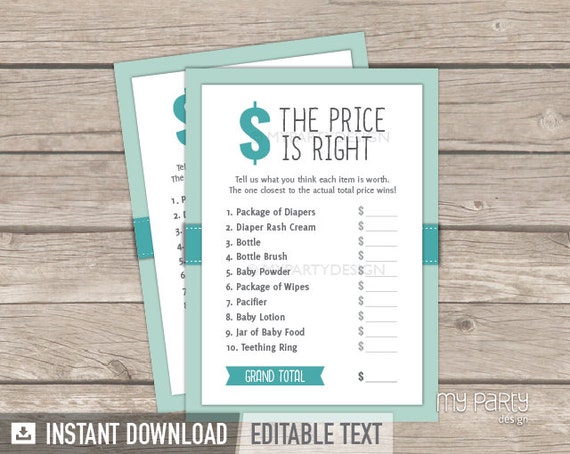 The Price is Right Game - Owl Boy Baby Shower - Mint Teal Chevron - INSTANT DOWNLOAD - Printable PDF with Editable Text Il_570xn
