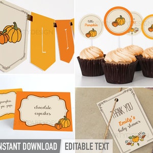 K&ouml;nnte beinhalten: Eine Sammlung von Partydekorationen zum Thema Herbst. Enth&auml;lt ein Banner mit K&uuml;rbisillustrationen, Cupcake-Topper, Essensetiketten und ein Dankesch&ouml;n-Etikett. Das Farbschema umfasst Orange-, Creme- und Braunt&ouml;ne, perfekt f&uuml;r eine Babyparty oder Herbstfeier.