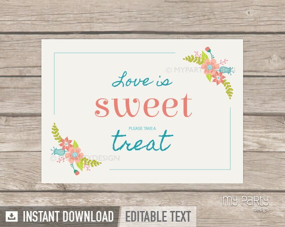 Floral Love is Sweet sign - Ivory - Wedding Decor - INSTANT DOWNLOAD - Printable PDF with Editable Text Il_570xn