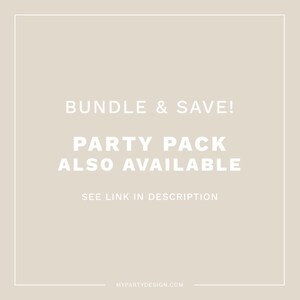Może przedstawiać: Kwadratowy obraz z beżowym tłem i białym tekstem. Tekst brzmi: &bdquo;BUNDLE & SAVE! PARTY PACK ALSO AVAILABLE SEE LINK IN DESCRIPTION&rdquo;. Adres strony internetowej MYPARTYDESIGN.COM znajduje się na dole.
