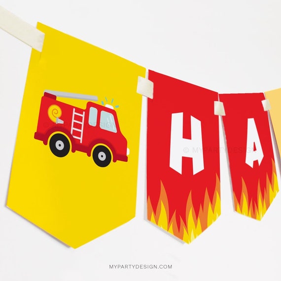 Firetruck Birthday Banner, Fire Truck Party Decorations, Fireman Bunting Decor - INSTANT DOWNLOAD - Printable PDF with Editable Text Il_570xn