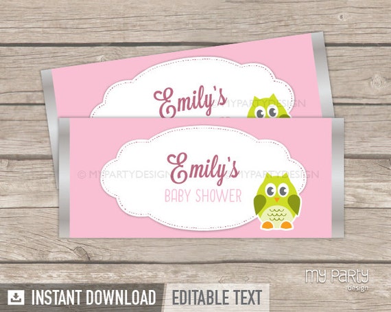 Owl Chocolate Wrappers - Owl Baby Shower Party - Pink Green - INSTANT DOWNLOAD - Printable PDF with Editable Text Il_570xn