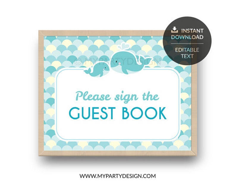 Guest book Sign, Whale Baby Shower Sign, Boy Turquoise, Whale Party INSTANT DOWNLOAD Printable PDF with Editable Text image 1