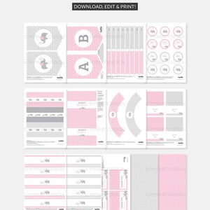 Elephant Baby Shower Decorations, Elephant Party Pack, Pink Girl BabyShower Decorations Kit - INSTANT DOWNLOAD - Printable Editable PDF image 3