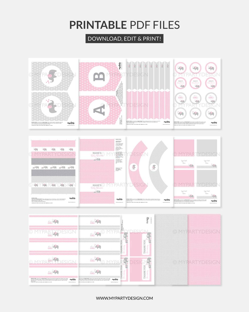 Elephant Baby Shower Decorations, Elephant Party Pack, Pink Girl BabyShower Decorations Kit - INSTANT DOWNLOAD - Printable Editable PDF image 3
