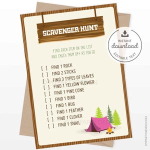Scavenger Hunt Game, Camping Treasure Hunt, Girl Campout Birthday Party, Pink Glamping - INSTANT DOWNLOAD - Printable PDF with Editable Text