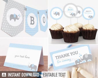 Elephant Baby Shower Decorations, Boy BabyShower Party Pack, Blue Party Kit - INSTANT DOWNLOAD - Printable Editable PDF