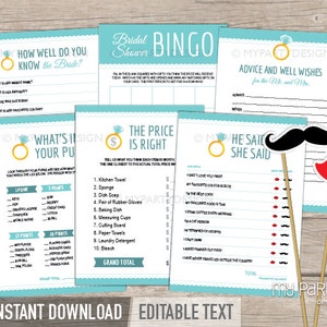 May include: A set of printable bridal shower games with a light blue and white color scheme. The games include "How Well Do You Know the Bride?", "What's in Your Purse?", "The Price is Right", "He Said She Said", and "Advice and Well Wishes for the Mr. and Mrs.".