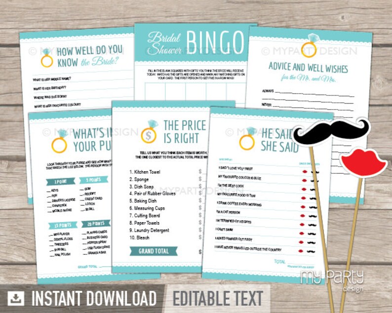May include: A set of printable bridal shower games with a light blue and white color scheme. The games include "How Well Do You Know the Bride?", "What's in Your Purse?", "The Price is Right", "He Said She Said", and "Advice and Well Wishes for the Mr. and Mrs.".