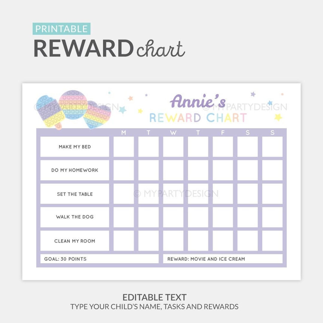 Pop Chore Chart for Kids, Pastel Fidget Reward Chart, Editable Behavior ...