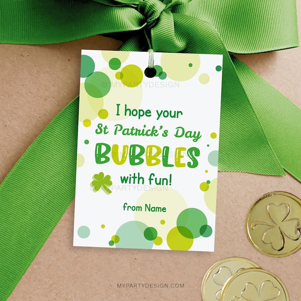 Bubbles St Patrick's Day Tag, Kids St Patrick's Cards for Classroom, Bubble Wand Tube Gift Label - INSTANT DOWNLOAD - Printable Editable PDF