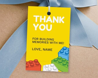 Building Blocks Party Favor Tags, Colorful Bricks Thank you Labels for Birthday Decor - INSTANT DOWNLOAD - Printable Editable PDF