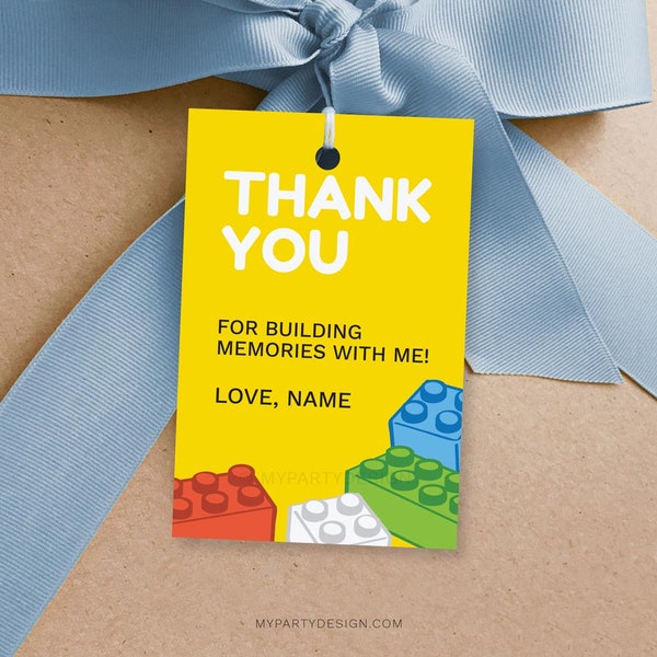 Building Blocks Party Favor Tags, Colorful Bricks Thank you Labels for Birthday Decor - INSTANT DOWNLOAD - Printable Editable PDF