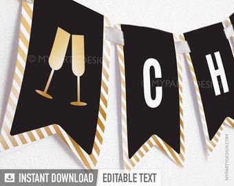 Black and Gold Banner, Cheers Bunting, New Year Party Decorations, New Year's Eve - INSTANT DOWNLOAD - Printable PDF with Editable Text