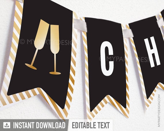 Black and Gold Banner, Cheers Bunting, New Year Party Decorations, New Year's Eve - INSTANT DOWNLOAD - Printable PDF with Editable Text Il_570xn