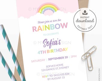 May include: A pink and white birthday invitation with a rainbow and clouds. The text reads "Please join us over the RAINBOW to celebrate Sofia's 4th Birthday. Saturday, September 10, 3PM. Sofia's Home, 124 Dance St, Sydney. RSVP to 0413 435 836 by August 15."