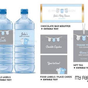May include: Printable baby shower party decorations in blue and gray with a cute baby onesie design. Includes bottle labels, food labels, a gift tag, and a chocolate bar wrapper. Editable text.