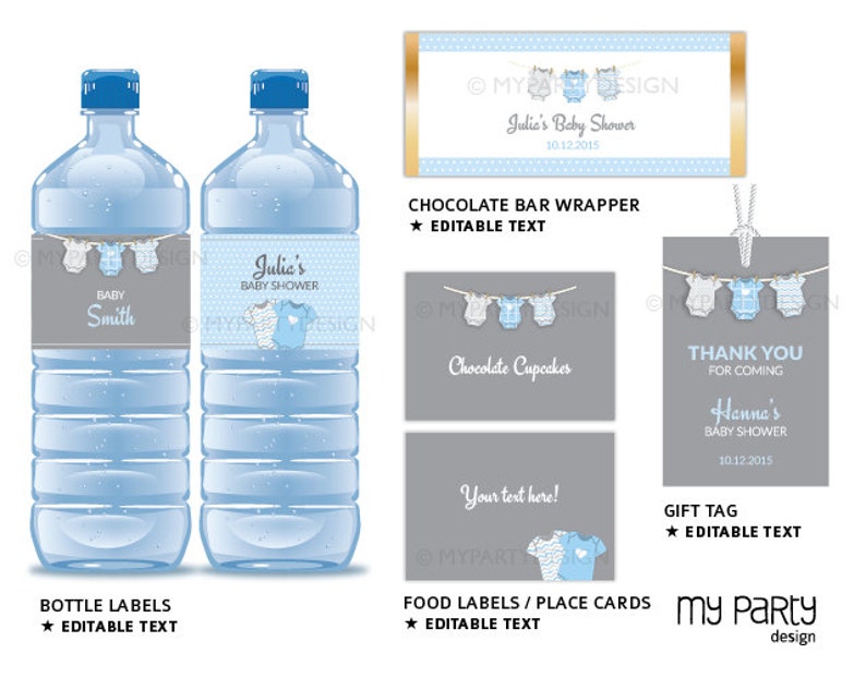May include: Printable baby shower party decorations in blue and gray with a cute baby onesie design. Includes bottle labels, food labels, a gift tag, and a chocolate bar wrapper. Editable text.