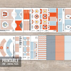 May include: Printable party decorations in blue, orange, and white with a beach theme. The set includes cupcake wrappers, banners, favor tags, and more. The text "My Party Design" is visible in the bottom right corner.