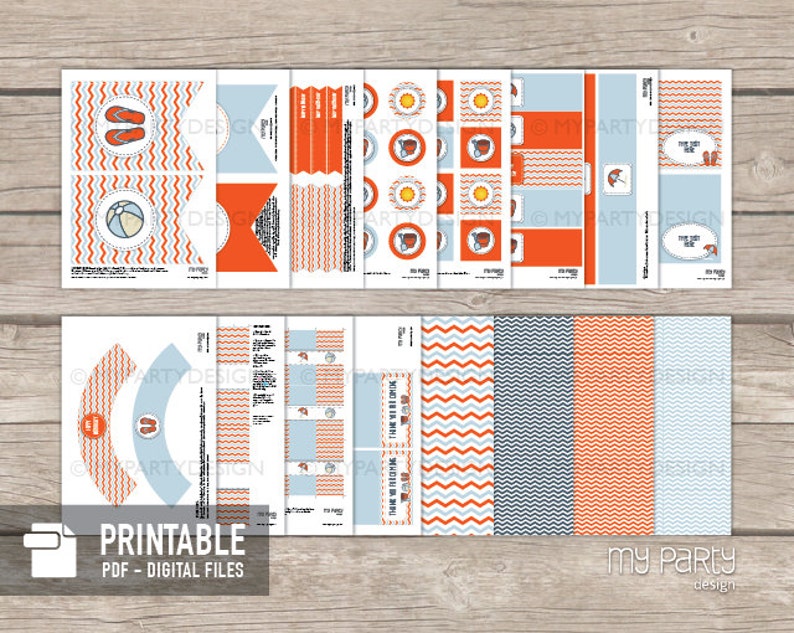 May include: Printable party decorations in blue, orange, and white with a beach theme. The set includes cupcake wrappers, banners, favor tags, and more. The text "My Party Design" is visible in the bottom right corner.