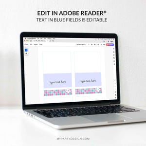 May include: A computer screen displaying a printable place card template with a floral design. The template has two place cards with a blue and pink checkered pattern and a white flower. The text "type text here" is in a blue field on each place card. The text "EDIT IN ADOBE READER&reg; TEXT IN BLUE FIELDS IS EDITABLE" is at the top of the screen.