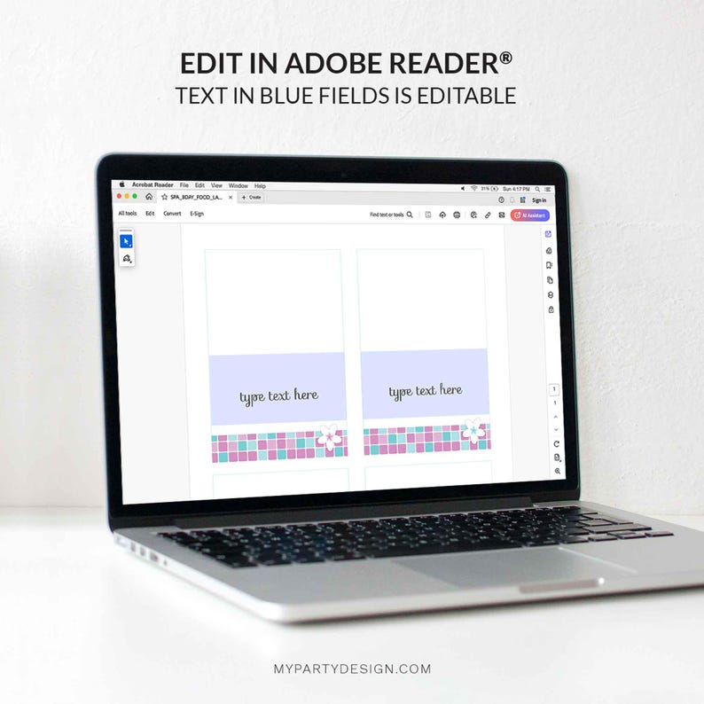 May include: A computer screen displaying a printable place card template with a floral design. The template has two place cards with a blue and pink checkered pattern and a white flower. The text "type text here" is in a blue field on each place card. The text "EDIT IN ADOBE READER&reg; TEXT IN BLUE FIELDS IS EDITABLE" is at the top of the screen.