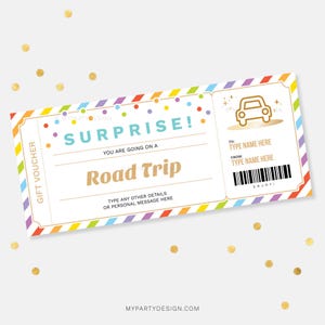 Plantilla de vale de regalo para viaje sorpresa por carretera, tarjeta de regalo, certificado de cupón de viaje en automóvil para cumpleaños - DESCARGA INMEDIATA - PDF editable e imprimible
