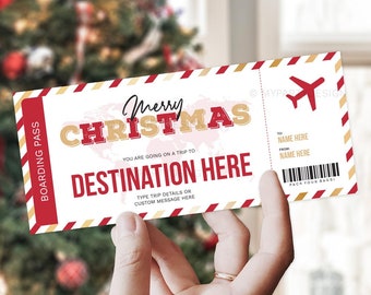 May include: A Christmas-themed boarding pass design with red, gold, and white accents. The text reads "Merry Christmas" and "Destination Here." Includes a red airplane graphic and space for personalization. The design is held by a hand.